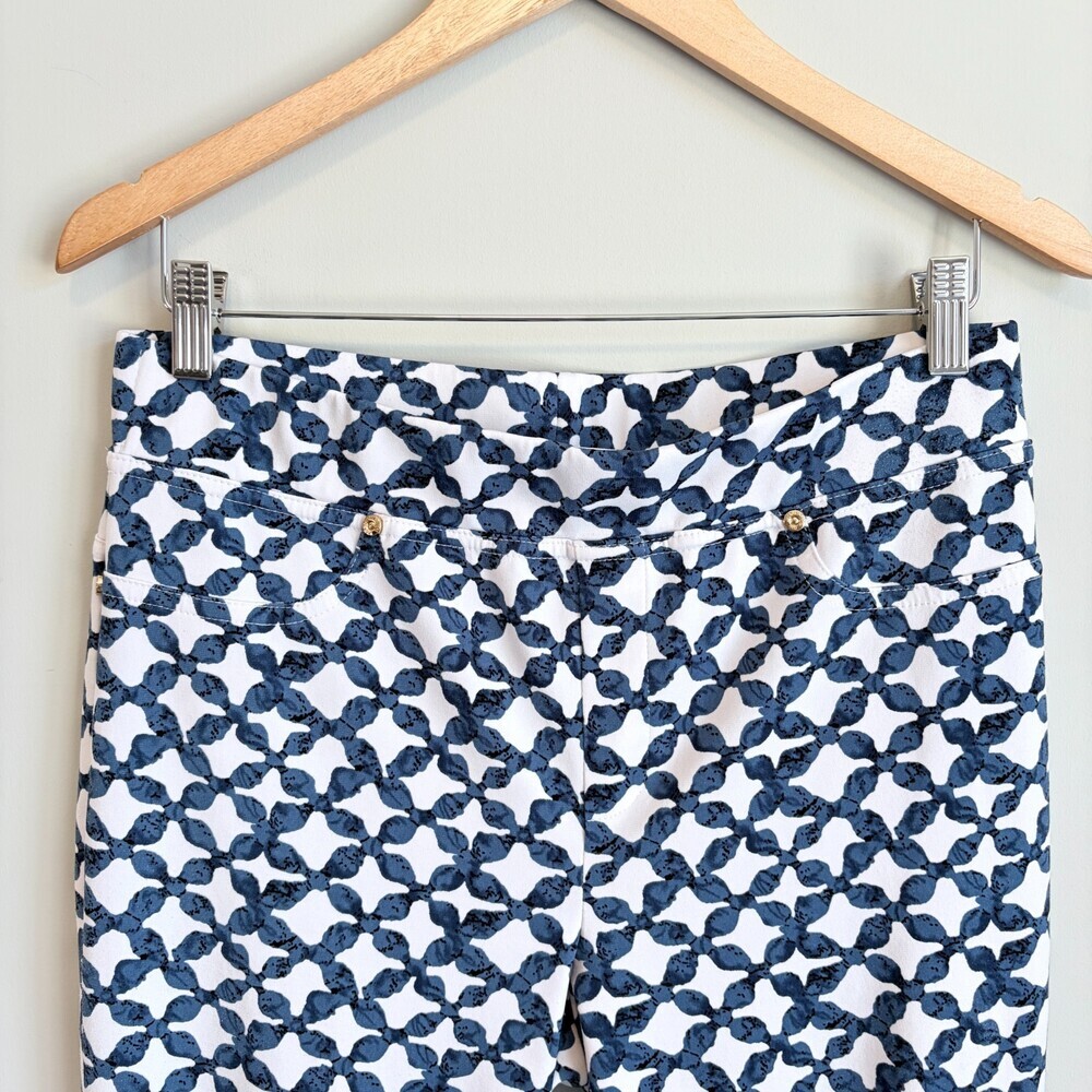 Joseph Ribkoff Trouser Ankle Straight Geometric Print Teacher White Blue Size 10 - Picture 2 of 9